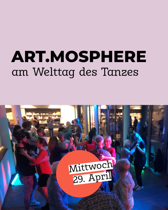 Das Bild zeigt ein Veranstaltungsplakat, auf dem Tanzende im Foyer des Edwin Scharff Museums zu sehen sind.