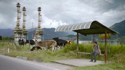 An einer Bushaltestelle in den Bergen sitzt eine Person mit Rucksack und wartet. Im Hintergrund Industrieanlagen, K&uuml;he und bew&ouml;lkter Himmel.