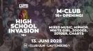 Eine Veranstaltungsgrafik für die High School Invasion am 13.06.2025 im M-Club Ulm