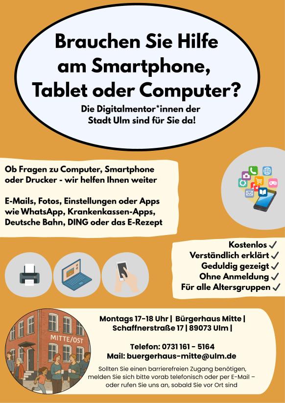 Obene ein grauer Kreis mit der &Uuml;berschrift. Darunter ist links ein Textfeld und rechts davon ein runder, grauer Hintergrund vor dem ein Smartphone und Appsymbole abgebildet sind. Darunter wieder ein extblock und links davon Symbole grauen Kreisen f&uuml;r Drucker Laptop und Smartphone. Darunter ein gezeichnetes Bild des angedeuteten B&uuml;rgerhaus Mitte auf dem Mitte/Ost steht. Rechts davon die Informationen zur Zeit udn Kontaktm&ouml;glichkeiten