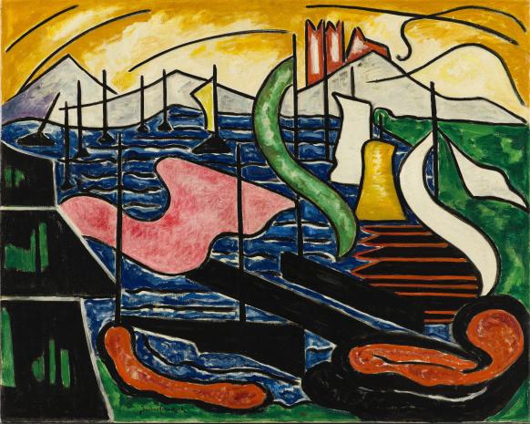 Expressionistisches Gemälde mit einem stark stilisierten Hafenmotiv mit Meer, Schiffen und Bergen