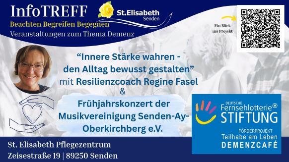 Foto Regine Fasel, InfoTREFF St. Elisabeth Pflegezentrum Schriftzug, Kurzbeschreibung Veranstaltung, Adresse, Logo Deutsche Fernsehlotterie Stiftung