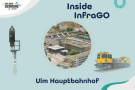 Grafik zum Tag der Schiene 2026 mit dem Titel &bdquo;Inside InfraGO &ndash; Ulm Hauptbahnhof&ldquo;. In der Mitte ist eine Luftaufnahme des Ulmer Hauptbahnhofs mit Baustelle zu sehen. Links steht ein Bahnsignal, rechts sind gelbe Instandhaltungsfahrzeuge abgebildet. Logos des Tags der Schiene und der DB InfraGO erg&auml;nzen das Motiv.