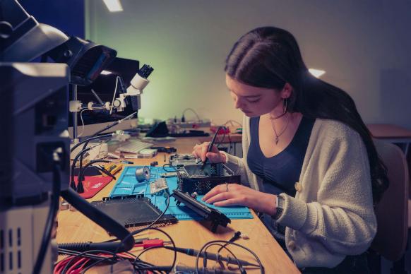 Frau im Fab Lab beim Löten