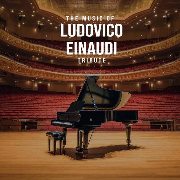 Banner: The Music of Ludovico Einaudi Tribute mit Darstellung eines Konzertsaals mit Fl&uuml;gel auf der B&uuml;hne