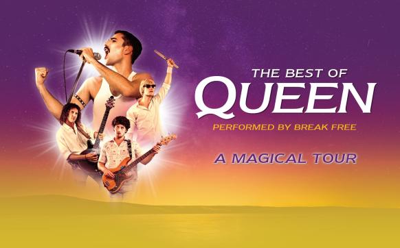 Banner "The Best of Qeen" mit Darstellung der Bandmitglieder von QUEEN