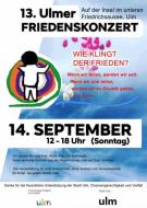 Logo vom Ulmer Friedenskonzert seit 11 Jahren. Gemalt Kind von hinten. Daten und Info zum Konzert.
