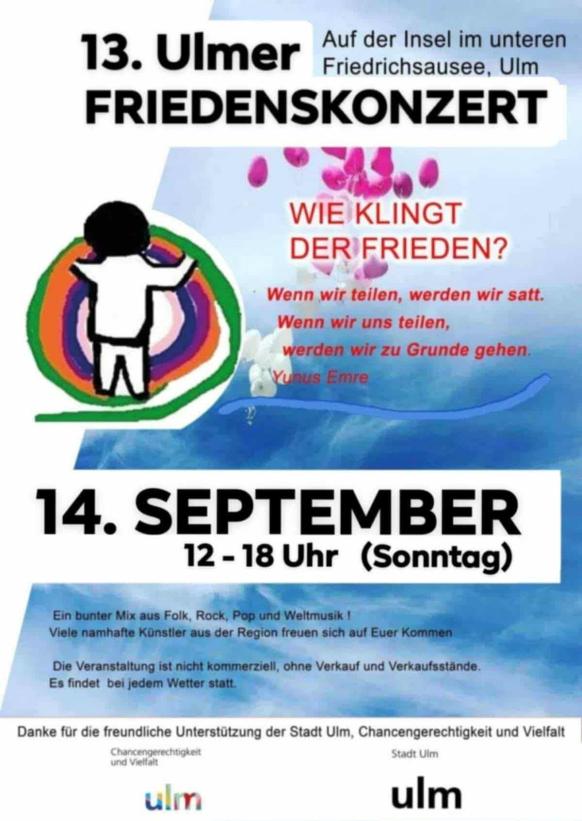 Logo vom Ulmer Friedenskonzert seit 11 Jahren. Gemalt Kind von hinten. Daten und Info zum Konzert.