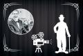 Frieder Egri u. Umrisse in schwarz-weis von einer Filmkamera und Charly Chaplin
