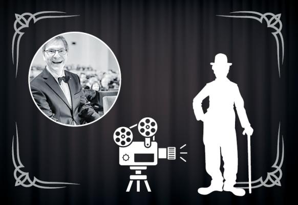 Frieder Egri u. Umrisse in schwarz-weis von einer Filmkamera und Charly Chaplin