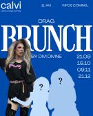 Groß: Drag Brunch by Divi Divine (Bild von ihr zu sehen) <br/>Calvi Café Logo, Termine: 21.09, 19.10, 09.11, 21.12, zwei Silhouette symbolisierend für die Gast Drag Queens