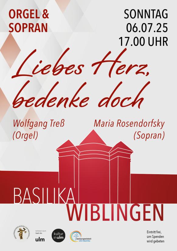 Silouette der Basilika in rot, Logos von Orgelförderverein, Stadt Ulm, Kultur in Ulm und Kirchengemeinde