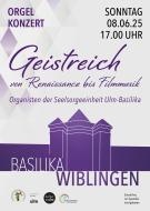 Silouette der Basilika in Lila und Logos von Orgelförderverein, Stadt Ulm, Kultur in Ulm und Kirchengemeinde