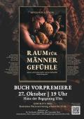 Buch-Vorpremiere "Raum für Männergefühle" am 27. Oktober im Haus der Begegnung, Ulm (Heinrich-Seuse-Saal). Das Buch-Cover zeigt einen schlafenden Mann, der einen Teddy im Arm hält.