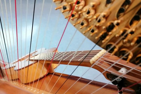 Eine Gitarre durch die Saiten einer Harfe