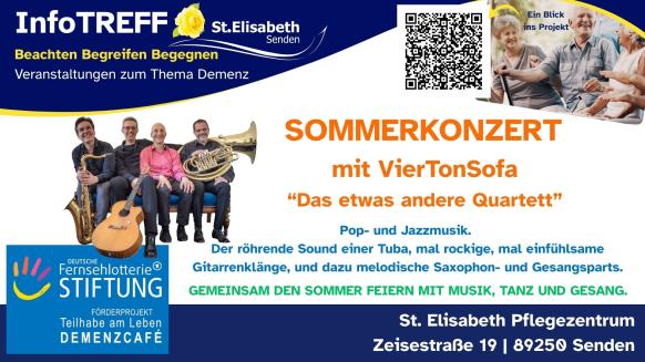InfoTREFF St. Elisabeth Senden, QR-Code, Bild heitere Senioren, Bild VierTonSofa, Sommerkonzert, Das etwas andere Quartett, Zeisestra&szlig;e 19, 89250 Senden, Logo Deutsche Fernsehlotteriestiftung F&ouml;rderprojekt Teilhabe am Leben Demenzcaf&eacute;