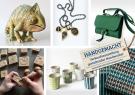 sechs Bilder von Ausstellungsobjekten aus dem Kunsthandwerk: Chamäleon aus Keramik, Schmuck aus Flusskiesel, Filztaschen, geschnitzete Springerlemodel, Becher aus Keramik, handgewebter Schal