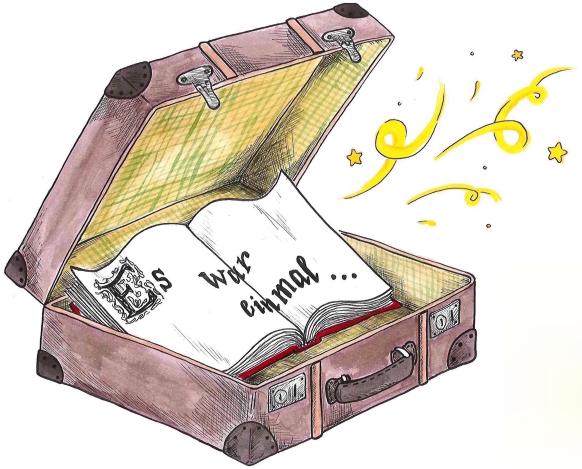 Zeichnung eines Koffers. Darin liegt ein aufgeschlagenes Buch mit dem Text "Es war einmal...".