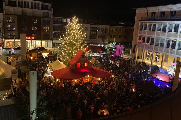 Mittelalterlicher Weihnachtsmarkt auf dem Rathausplatz mit beleuchtetem Weihnachtsbaum