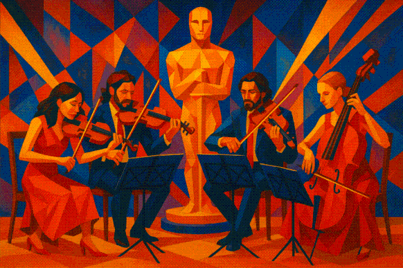 Vier Musiker mit Streichinstrumenten und Oscar Statue