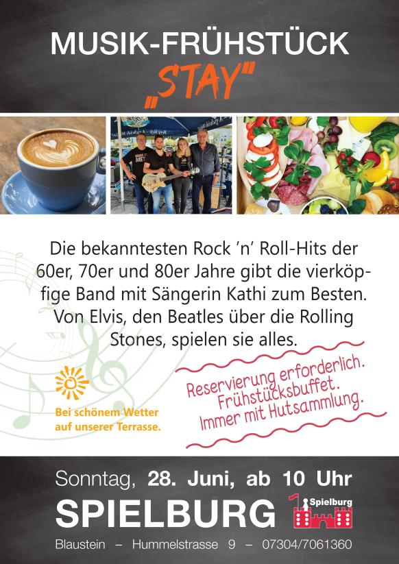 Plakat mit Informationen zum Musikfr&uuml;hst&uuml;ck im Spielburg Cafe in Blaustein