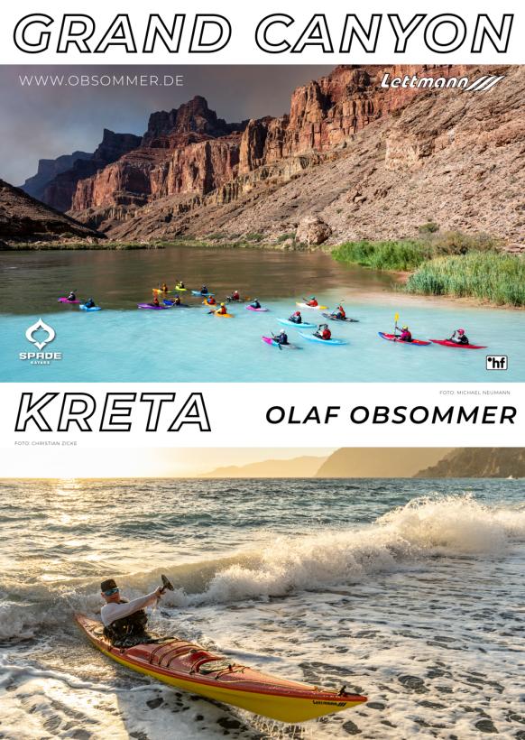 oben: Gruppe Kajakfahrer die vor einer braunen Felswand von türkisblauem zu hellbraunen Wasser fahren. unten: Kajakfahrer surft in Meeresbrandung bei Sonnenuntergang.