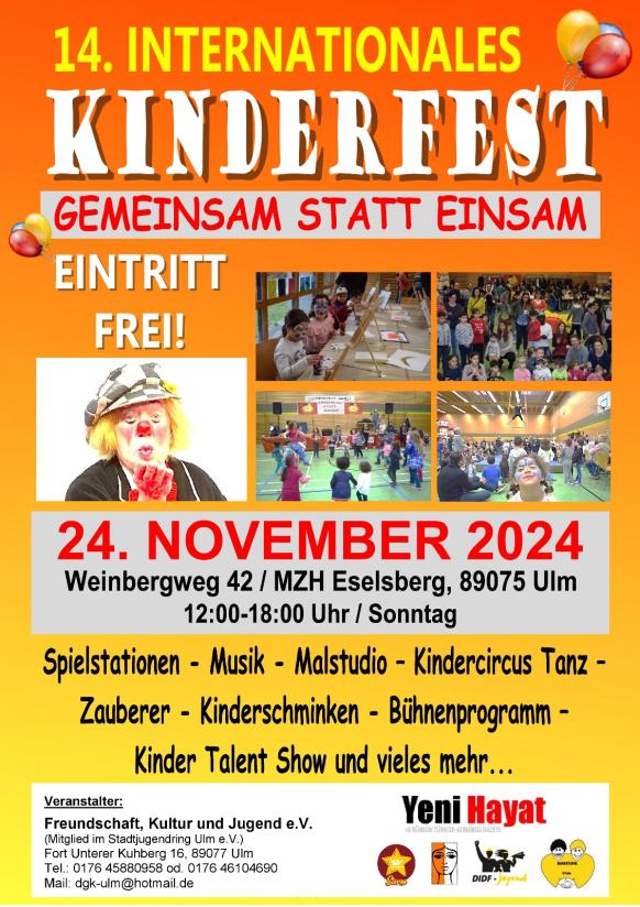 Plakat des internationalen Kinderfestes am 24.11. in der Mehrzweckhalle Eselsberg