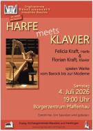 Plakat zum Benefizkonzert Harfe meets Klavier am 4.7.26 um 19h im Bürgerzentrum Pfaffenhau. Ein Foto auf dem Plakat zeigt Felicia Kraft während sie Harfe spielt.