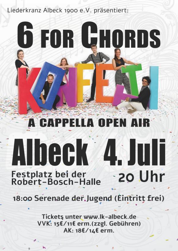A Cappella Band "6 for chords" hinter den Buchstaben "Konfetti" - der Name ihres Konzertprogramms.