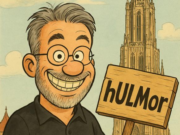 Karikatur Mann neben Ulmer Münster mit Schild "hULMor"
