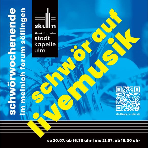 Im Hintergrund eine Tuba, im Vordergrund der Schriftzug "Schwör auf Livemusik".