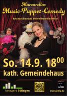 Murzarellas Music-Puppet-Comedy – Bauchgesänge und andere Ungereimtheiten und ihre drei Puppen vor einem roten Vorhang.