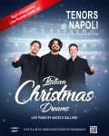 Auf dem Bild sind drei italienische Tenöre in eleganten schwarzen Anzügen zu sehen, die freundlich lächeln und das Publikum mit offenen Gesten begrüßen. Im Hintergrund erscheint ein stilisierter Konzertsaal mit funkelnden Lichtern, der eine festliche Stimmung vermittelt. Ein rotes Banner oben links verkündet: „Nach erfolgreicher Live-Tournee wieder da!“. Rechts oben steht der Titel „Tenors di Napoli …from Italy with Love“.