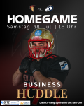 "Ank&uuml;ndigungsplakat f&uuml;r das American-Football-Homegame der Neu-Ulm Spartans am Samstag, 18. Juli, 16 Uhr, im Dietrich-Lang-Sportzentrum Neu-Ulm. Ein Spieler in schwarz-goldenem Trikot und Helm posiert im Vordergrund, dar&uuml;ber die Schriftz&uuml;ge 'Homegame' und 'Business Huddle' sowie Sponsorenlogos