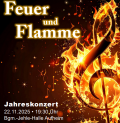 Konzert-Einladungsplakat mit einem Violinschlüssel in Flammen, passend zum Motto "Feuer und Flamme".