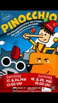 Flyer für das Stück Pinocchio mit der Katze und den Fuchs, die Veranstaltungstermine mit den Uhrzeiten und Spielstätte