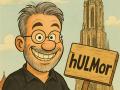 Karikatur Mann neben Ulmer M&uuml;nster mit Schild "hULMor"