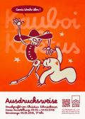 Illustriertes Ausstellungsplakat zur Comic Woche Ulm: Ein orangefarbener Hintergrund mit handgedruckter Anmutung zeigt zwei Comicfiguren &ndash; ein tanzendes Skelett mit Cowboyhut und einen wei&szlig;en, kaktus&auml;hnlichen Charakter mit geschlossenen Augen. Beide wirken spielerisch und in Bewegung. Oben steht in einer Sprechblase &bdquo;Comic Woche Ulm!&ldquo;. Unten der Titel &bdquo;Ausdrucksweise &ndash; Druckgrafik von Christian Schmiedbauer&ldquo; sowie Informationen zur Comic-Ausstellung in der Griesbadgalerie Ulm mit Datum und Vernissage.