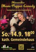 Murzarellas Music-Puppet-Comedy – Bauchgesänge und andere Ungereimtheiten und ihre drei Puppen vor einem roten Vorhang.